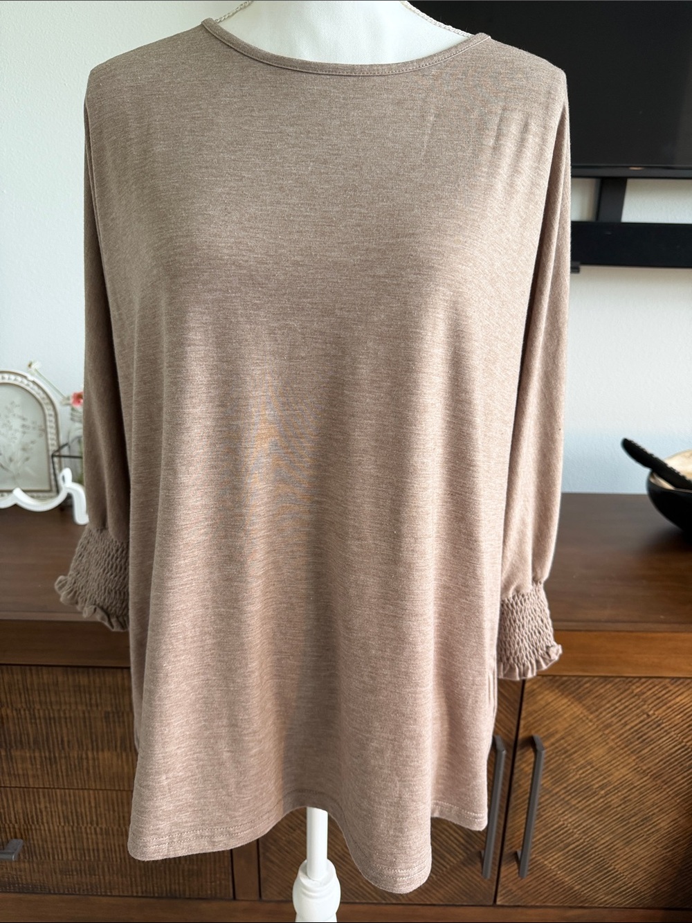 Smocked 3/4 Sleeve Long-Sleeve Top in Taupe